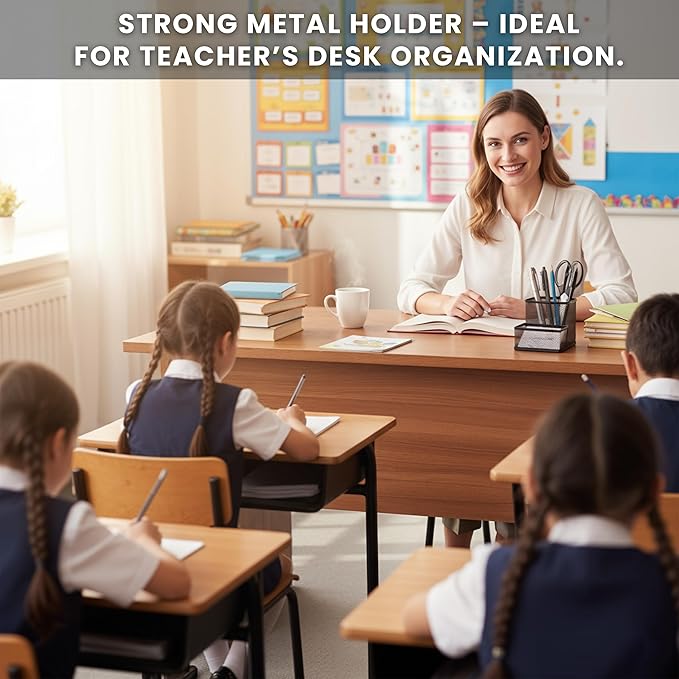 Pen and Business Card Holder for Desk | Black Mesh Desk Organizer Pencil Holder | Minimalist Desk Pencil Holder & Black Wire Desk Organizer for Tabletop | Table Top Stationary Organizer