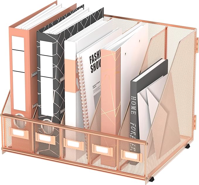 DALTACK Desk Organizers Metal Magazine File Holder with 5 Vertical Compartments Folder Storage Binder Organizer for Office Home School Organization, Rose Gold, Plus