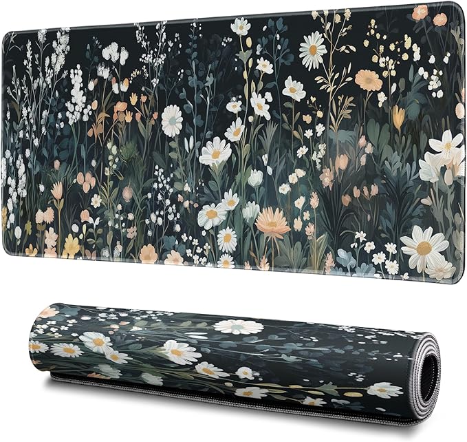 Flower Mouse Pad Abstract Black Mouse Pad 31.5x11.8 Inch Floral Texture Non-Slip Rubber Base Large Weeds Mousepad Stitched Edges Keyboard Mouse Mat Desk Pad for Office and Home