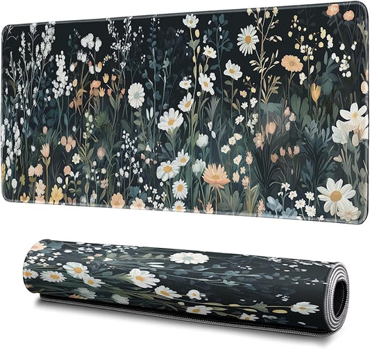 Flower Mouse Pad Abstract Black Mouse Pad 31.5x11.8 Inch Floral Texture Non-Slip Rubber Base Large Weeds Mousepad Stitched Edges Keyboard Mouse Mat Desk Pad for Office and Home