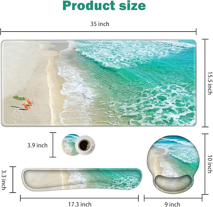 ARTSO Large Mouse Pad Ergonomic Keyboard Wrist Rest Support Combo, Non-Slip Memory Foam Gel Extended Desk Mat Protector, Ocean Beach Sunbathing