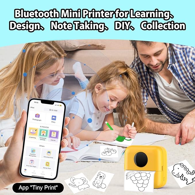 HuiJuKeJi Mini Sticker Printer Bluetooth Smart Pocket Inkless Thermal Printer with 11 Rolls Thermal Paper and Sticker for iOS&Android, Portable Receipt Printer for Photo Note Memo (Yellow)