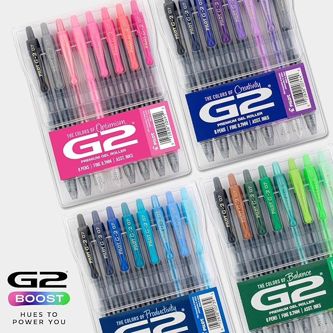 Pilot G2 Premium Gel Roller Pens, Fine Point Gel Pens, Boost Pink Pack, The Colors of Optimism, 8-Pack Pouch, 0.7 mm, Assorted - Ideal for School, Journaling, & Office Writing