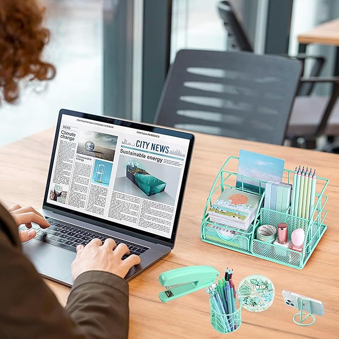 Green Desk Organizers and Accessories Office Supplies Set Stapler, Pen Holder, Phone Holder, Scissors, Pen, Ruler, 30 Paper Clips, 22 Binder Clip, 20 Tacks and 1000pcs Staples