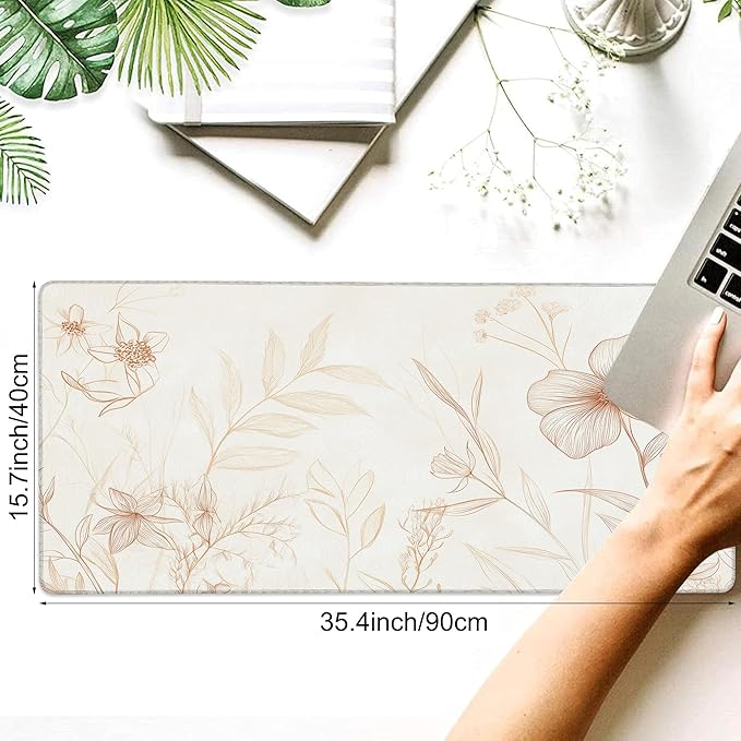 Desk Pad, Vintage Boho Line Botanical Floral XXL Gaming Mouse Pad with Stitched Edges,Non-Slip Waterproof Rubber Base Large Desk Mat for Keyboard and Mouse 35.4"x15.7"