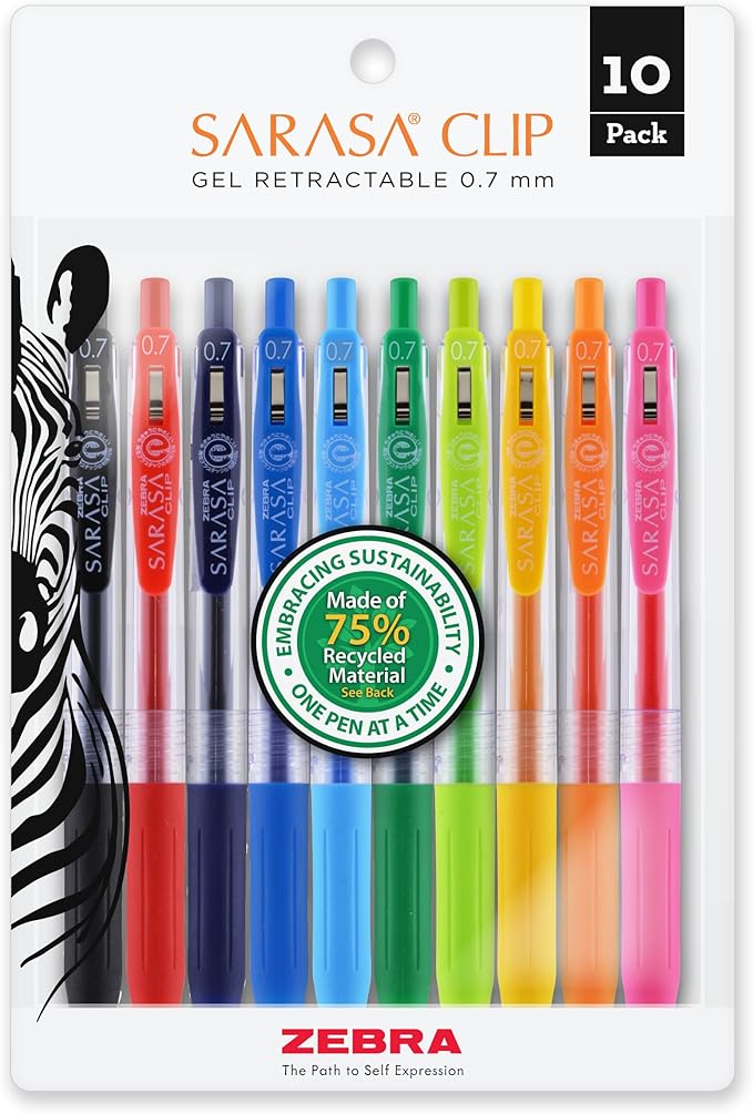 Zebra Pen Sarasa Clip Retractable Gel Pen, Medium Point, 0.7mm, Assorted Ink Colors, 10-Pack (40391)