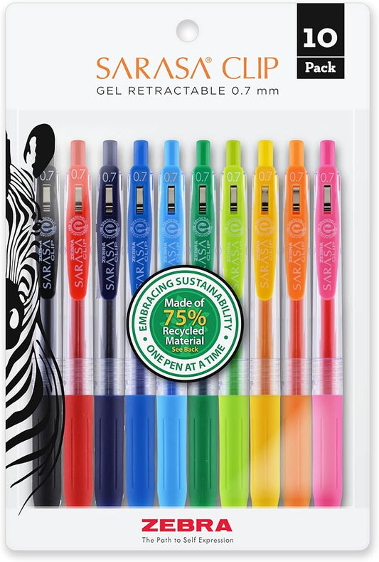 Zebra Pen Sarasa Clip Retractable Gel Pen, Medium Point, 0.7mm, Assorted Ink Colors, 10-Pack (40391)