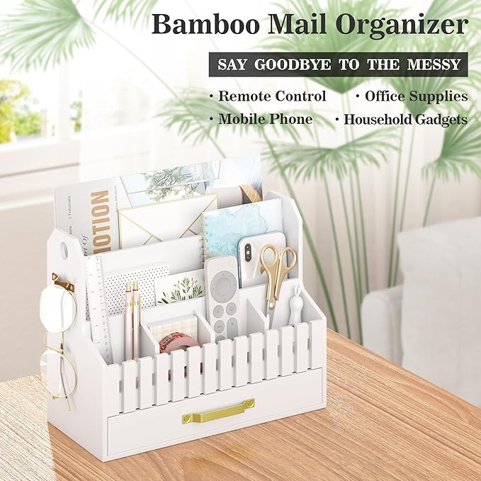 Bamboo Mail Organizer Countertop with Drawers, Wood Desk File Organizer Desktop Paper Organization Storage Bill & Letter Sorter Holder for School Home Office Supplies, No Assembly Required (White)