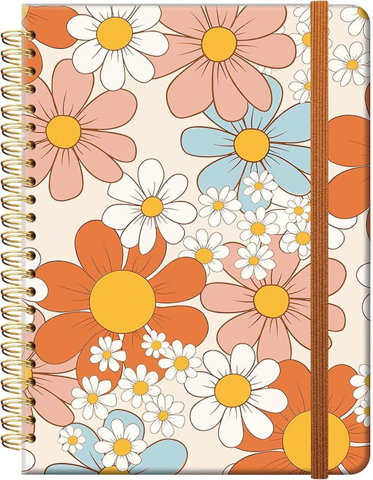 Ruled Spiral Writing Notebook,A5 Hardcover Lined College Journal for Women,Strong Twin-Wire Binding with Premium Paper,8.4" X 6",Perfect for School,Office,Home(Orange Pink Flowers)