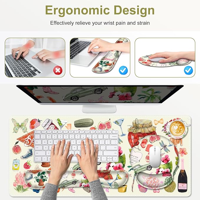Mouse Pad, 4 in1 Large Desk Mat, Desk Pad Matt for Desktop, Anti-Slip XXL Big Computer Ergonomic Mousepad with Wrist Support for Keyboard and Mouse for Women I Watercolor Stickers