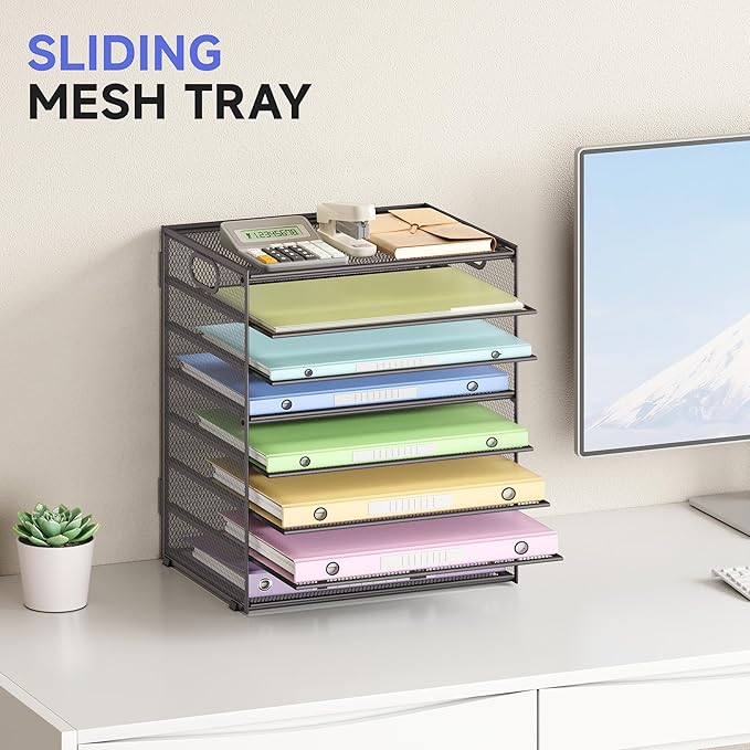 8-Tier Paper Organizer with Handle, Metal Mesh Desk Organizer File Folder Paper Letter Tray Desktop Document Sorter for Office, Home or School (Grey-2 Pcs)