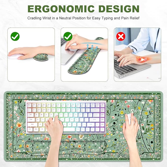 Floral Desk Mat, 4in1 Large Mouse Pad with Wrist Rest, Anti-Slip Desk Pad for Desktop, XXL Ergonomic Mousepad with Wrist Support for Keyboard and Mouse, Green Art Flowers