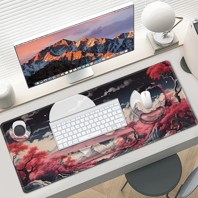 AIMSA Keyboard Mouse Pad Wrist Rest Set, Large Gaming Mouse Desk Pad with Wrist Support Ergonomic Design, 4 in 1 Mousepad for Home Office, Sakura Snow Mountain