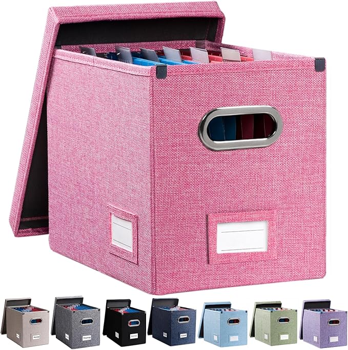 PRANDOM File Organizer Box - Set of 1 Collapsible Decorative Linen Filing Storage Hanging File Folders with Lids Office Cabinet Letter Size Pink (14x9.3x10.8 inch)