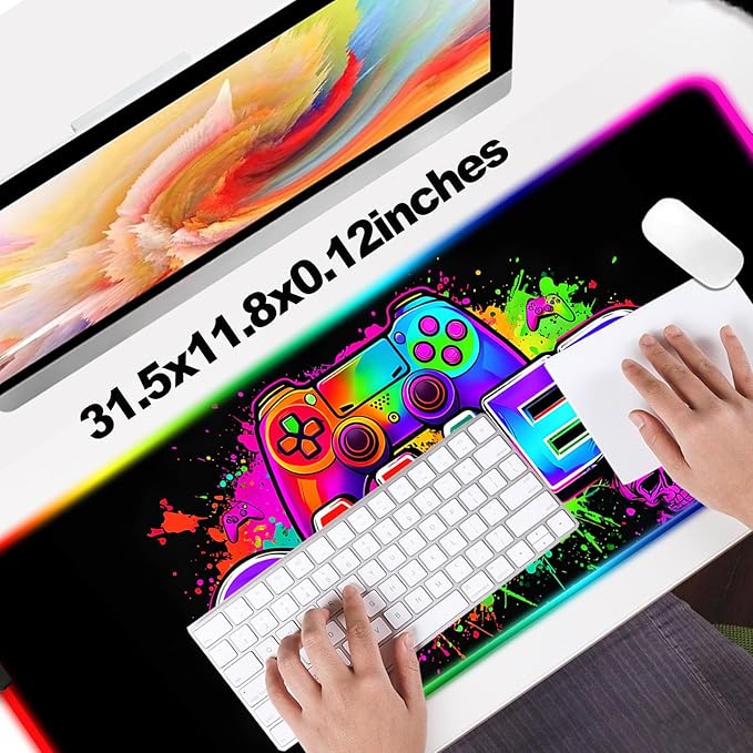 RGB Retro Black Gamer Gaming Desk Mat, Computer Keyboard Large Extended Long LED Mouse Pad for Office and Home, XL (W21)
