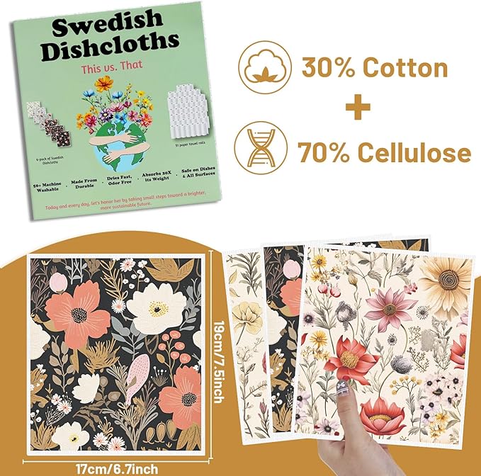 Swedish Dishcloths for Kitchen, 6PCS Vintage Floral Swedish Dish Cloths Gift Set, Flower Reusable Washable Absorbent Dish Towel for Home Cleaning(7.8 X 7 Inches)