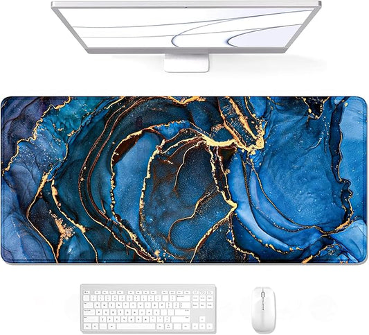 Auhoahsil Large Mouse Pad, XXL Desk Pad, Extened Mousepad 31.5" x 11.8", Non-Slip Rubber Base, Stitched Edges, Superior Surface, Gaming Keyboard Mat, Waterproof Desk Pad, Dark Blue Marble