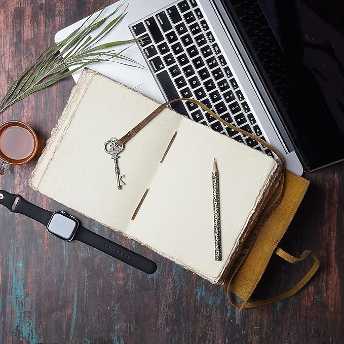 LEATHER VILLAGE Vintage Leather Journal – 200 Handmade Vintage Deckle Edge Paper – Leather bound Journal For Women Men – Vintage Key Closure - Book of Shadows - Blue - 6X4 inches (A6)