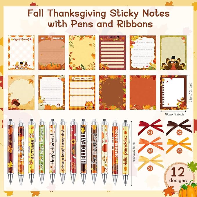 36 Pcs Fall Sticky Notes Include 12 Thanksgiving Notepads and 12 Pen and 12 Ribbon Fall Pumpkin Maple Leaf Turkey Self Adhesive Memo Pad for School Office Home Thanksgiving Gift