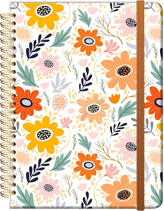Ruled Spiral Writing Notebook,A5 Hardcover Lined College Journal for Women,Strong Twin-Wire Binding with Premium Paper,8.4" X 6",Perfect for School,Office,Home(Colorful Flowers)