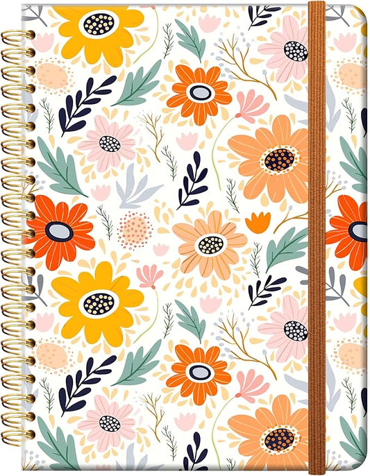 Ruled Spiral Writing Notebook,A5 Hardcover Lined College Journal for Women,Strong Twin-Wire Binding with Premium Paper,8.4" X 6",Perfect for School,Office,Home(Colorful Flowers)
