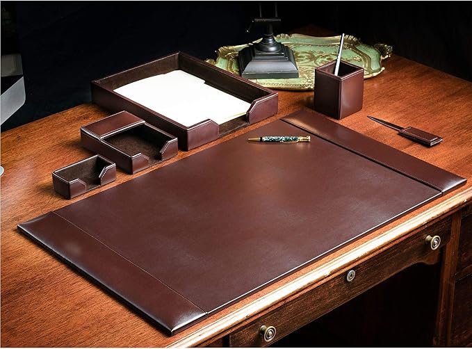 Dacasso Bonded Set Luxury Leather Desk Pad & Desk Organization Essentials, 6 Piece, Dark Brown
