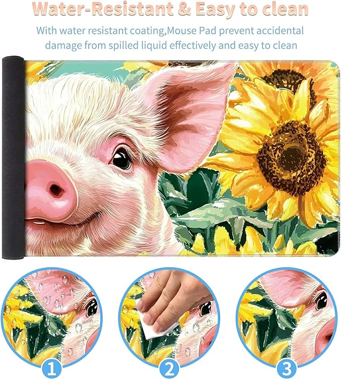 Desk Mat Large Gaming Mouse Pad (31.5x11.8 inch) with Stitched Edges, XL Mouse Pad +Coaster, Extended Mouse Mat Keybroad Mousepad Non-Slip Rubber for Gamer Men Women, Pig Sunflowers