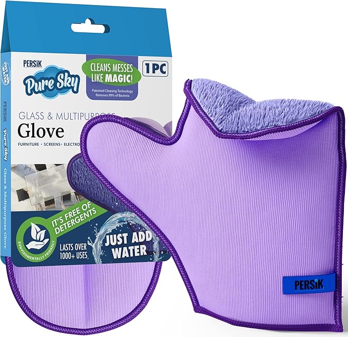 persik Pure-Sky Ultra Microfiber Cleaning Glove – JUST ADD Water No Detergents Needed - 2-in1, Combination for Glass and Multipurpose – Streak Free Magic Window Polishing Glove - Removes Stains, Dust