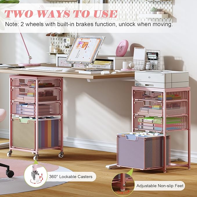4 Drawer Rolling File Cart Under Desk Storage, File Cabinets for Home Office, Mobile Filing Cabinet, Hanging File Organizer with Wheels, Utility Cart Printer Stand, Pink (Patent Pending)