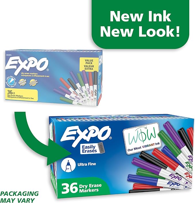 EXPO Dry Erase Markers, Low Odor Ink, Assorted Colors, Ultra Fine Tip, 36 Count (Pack of 6)