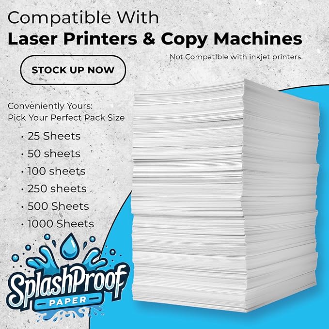 Printer Paper - 8.5" x 11", 5 Mil Waterproof Paper, Laser Printer & Copy Machine Compatible (Letter - 8.5" x 11", 50 Sheets)