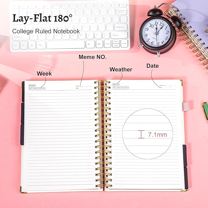 Thick 360 Pages Spiral Notebook Journal for Women with Pen, B5 Leather 5 Subject Hardcover College Ruled Note Book, Journaling Notebooks for Writing Work School, Pink