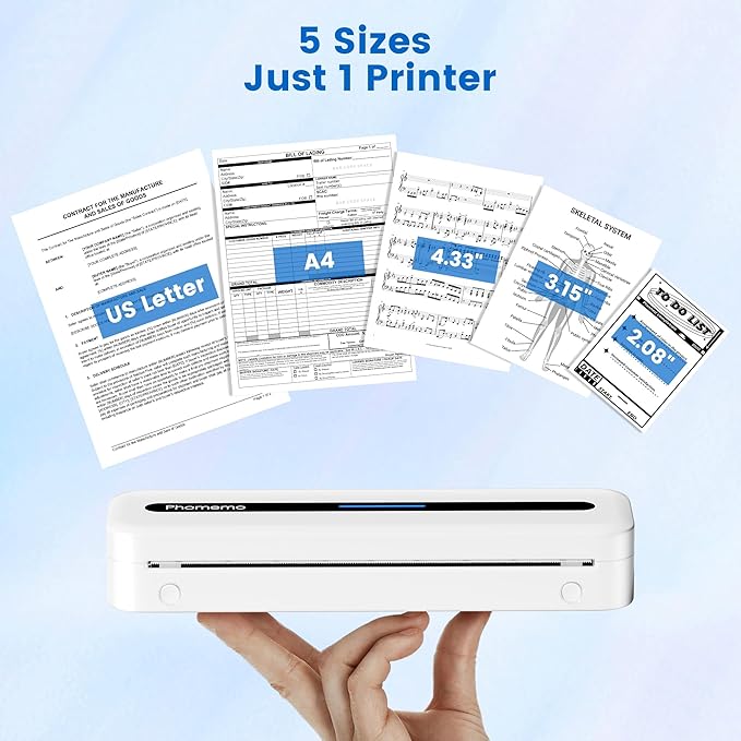 Phomemo Portable Thermal Printer, Bluetooth Inkless Portable Printers Wireless for Travel, Support 8.5''x11'' US Letter & A4, Small Compact Mobile Printer for Phone Laptop, for Office School Home Use