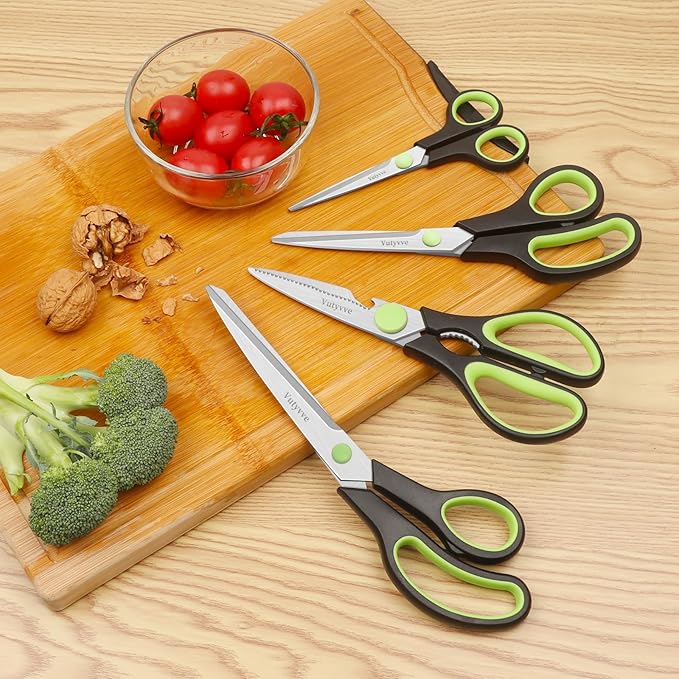 Kitchen Scissors, Stainless Steel Blades, Soft Grip, Multi-Purpose Heavy Duty Kitchen Scissors Set, Black/Green, 4 Piece Set