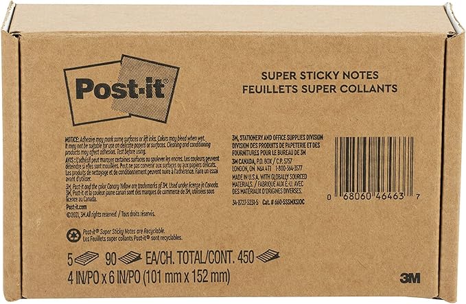 Post-it Super Sticky Lined Notes, 5 Sticky Note Pads, 4x6 in, 2X The Sticking Power, School Supplies, Office Products, Sticky Notes for Vertical Surfaces, Monitors, Walls and Windows, Bright Colors