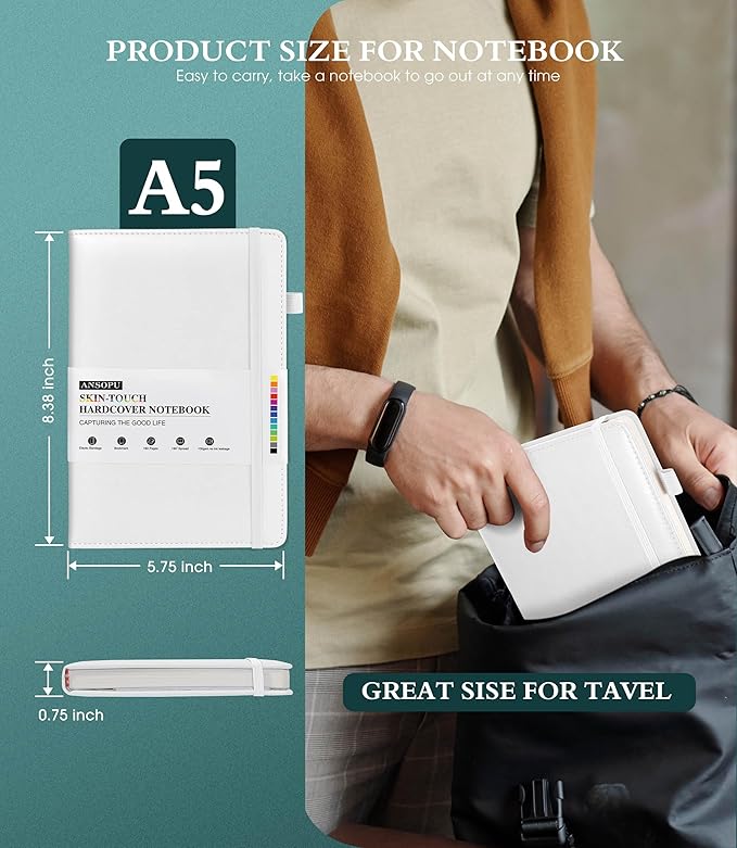 Lined Journal Notebook for Writing, A5 100 GSM Thick Paper, Leather Hardcover Journal for Woman Men, Travel Journal Diary 160 Pages(5.75'' X 8.38'' White)