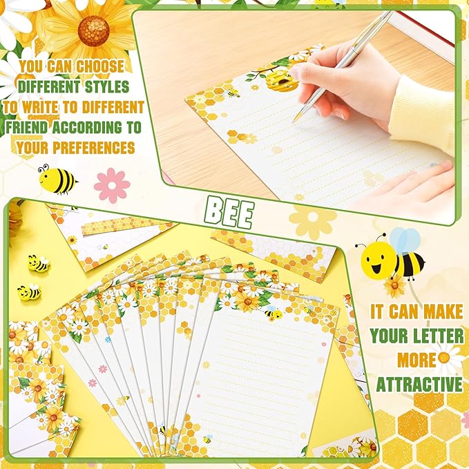 TaoBary 160 Pcs Stationery Paper Set 50 Double Sided Stationery Papers with 50 Matching Envelopes and 60 Round Dot Sticker, 10 Design(Bee,8.25 x5.5 Inch)