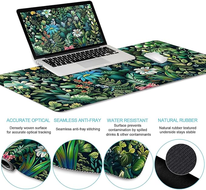 Floral Mouse Pad Large Desk Mat Set, Green Ergonomic Mouse Pad with Wrist Rest Keyboard Wrist Support XXL Mousepad Cup Coaster Set, Cute Green Office Desk Accessories Decor Supplies