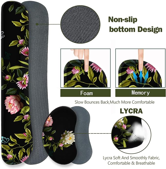 ARTSO Gaming Mouse Pad Wrist Support Set, XXL Large Desk Mat Mousepad + Keyboard Wrist Support+ Mouse Wrist Rest+Coaster 4in1 Ergonomic, Stitched Edge for Home Office -Flowers and Butterflies