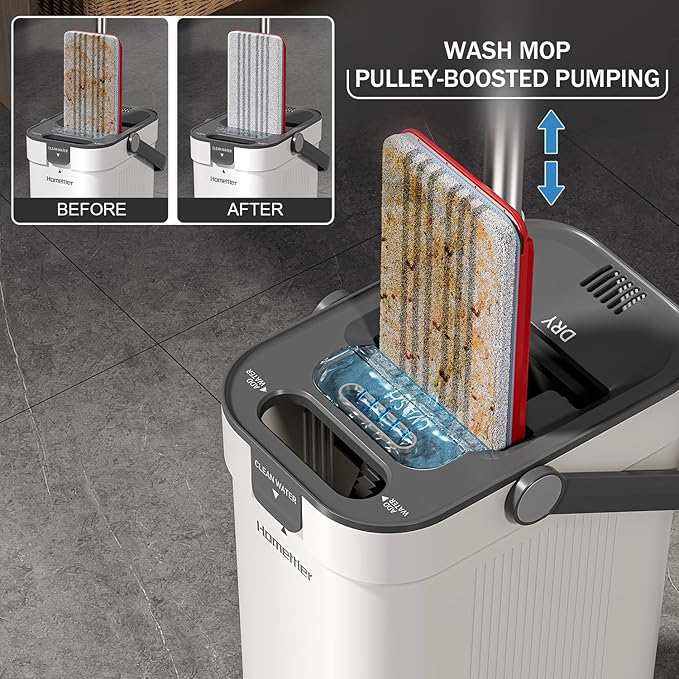 Mop and Bucket Set, Flat Mop and Bucket System with Separate Dirty and Clean Water, 3-Compartment Wall Cleaner Mop, Flat Mops for Floor Cleaning with 4 Microfiber Pads