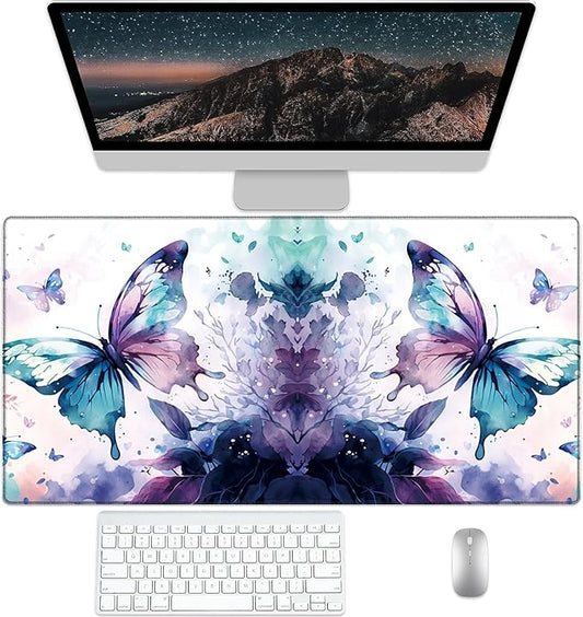 Butterfly Desk Pad Protector, Stitched Edges Mouse Pad, Large Office Desk Mat, Non-Slip Desk Blotter, Laptop Desk Pad, Desk Writing Pad for Office and Home (XXL)