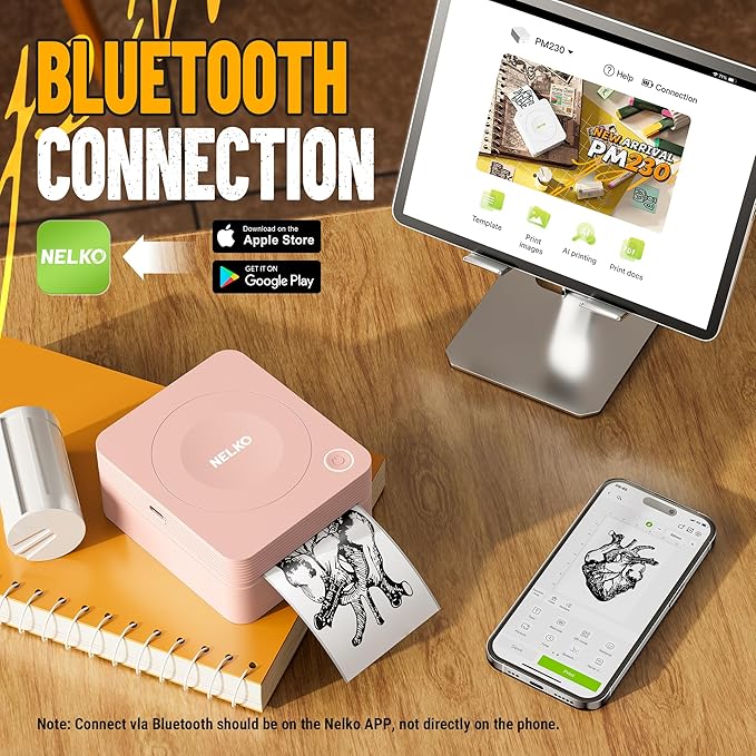 Nelko Sticker Printer, PM230 Print Pod Mini Bluetooth Portabel Sticker Maker with 3 Rolls Paper, Print Pods Mini Printer with Multiple Templates for Phone & Tablet，for School Office Home, Pink