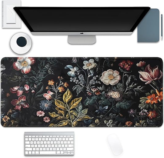 Vintage Aesthetic Mouse Pad,Extended Flower Plant Black Mousepad Desk Pad with Stitched Edges,Non-Slip Waterproof Rubber Base Mouse Mat for Office Computer Keyboard Laptop Home(27.5x11.8 in)