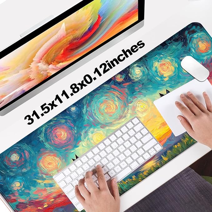 Cute Black Cat Fantasy Starry Night Gaming Desk Mat, Computer Keyboard Large Extended Long Animal Mouse Pad for Office and Home, XL (W03)