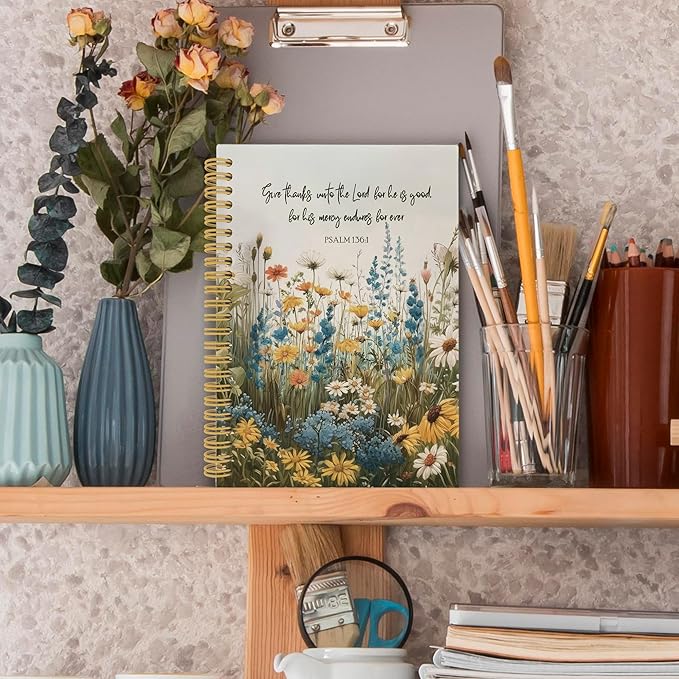 XPH Floral Christian Spiral Notebook, Bible Verse Psalm 136:1 Journaling Notebooks for Note Taking, Religious Hardcover Journal for Writing 160 Pages 5.5 x 8.3 Inch, Christian Gifts for Women
