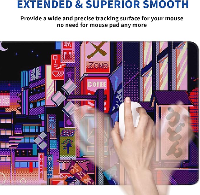 Dark Purple Japanese Gaming Mouse Pad Abstract Anime Mat 31.5x11.8 Inch Tokyo Pixel Street Texture Non-Slip Rubber Base Kawaii Mousepad Stitched Edges Keyboard Desk Pad for Office and Home Game