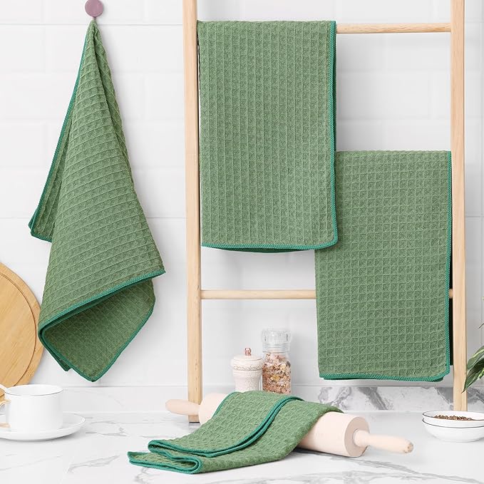 Homaxy Microfiber Waffle Weave Kitchen Towels, 16 x 28 Inch Ultra Absorbent and Solid Color Dish Towels, 4 Pack, Grass Green