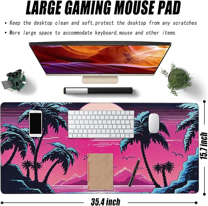 Desk Mat, Tropical Sunset and Palm Trees Extended Large Gaming Mouse Pad for Desk XXL, Non-Slip Rubber Base Stitched Edges Long Computer Keyboard Desk Pad Mouse Mat for Home Office Gaming 35.4"X15.7"
