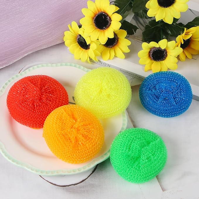 MIDELONG Plastic Dish Scrubbers for Dishes Plastic Pot Round Scrubber Scouring Pad Dish Scourers, Assorted Colors Poly Mesh Scouring Dish Pads for Kitchen Cleaning, Pack of 5