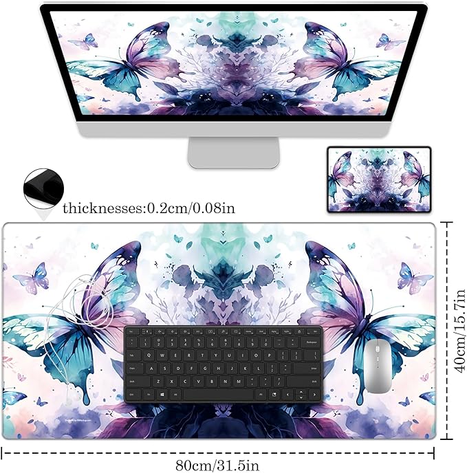 Butterfly Desk Pad Protector, Stitched Edges Mouse Pad, Large Office Desk Mat, Non-Slip Desk Blotter, Laptop Desk Pad, Desk Writing Pad for Office and Home (XXL)